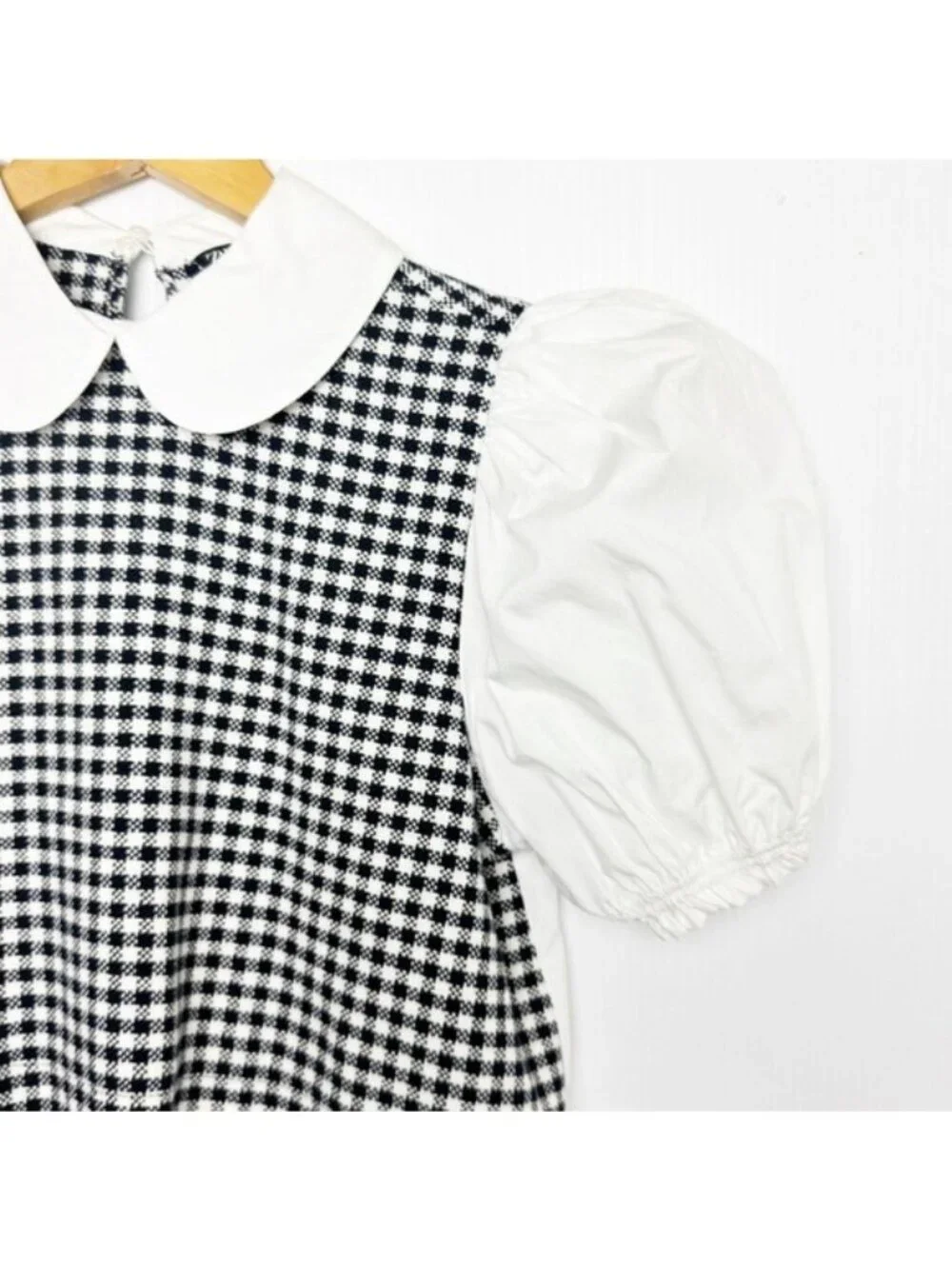 Zara Black and White Checkered Puff Sleeve shirt top w tweed fringed vest Small